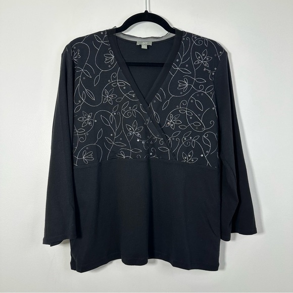 J. Jill Tops - J. Jill 100% Cotton Black Sequined Surplice Y2K Blouse Size L